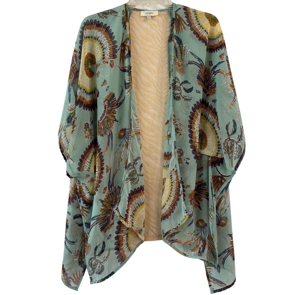 Umgee Boho Kimono Teal Feather Tribal Print Sheer Animal Print Lace S/ M Rustic